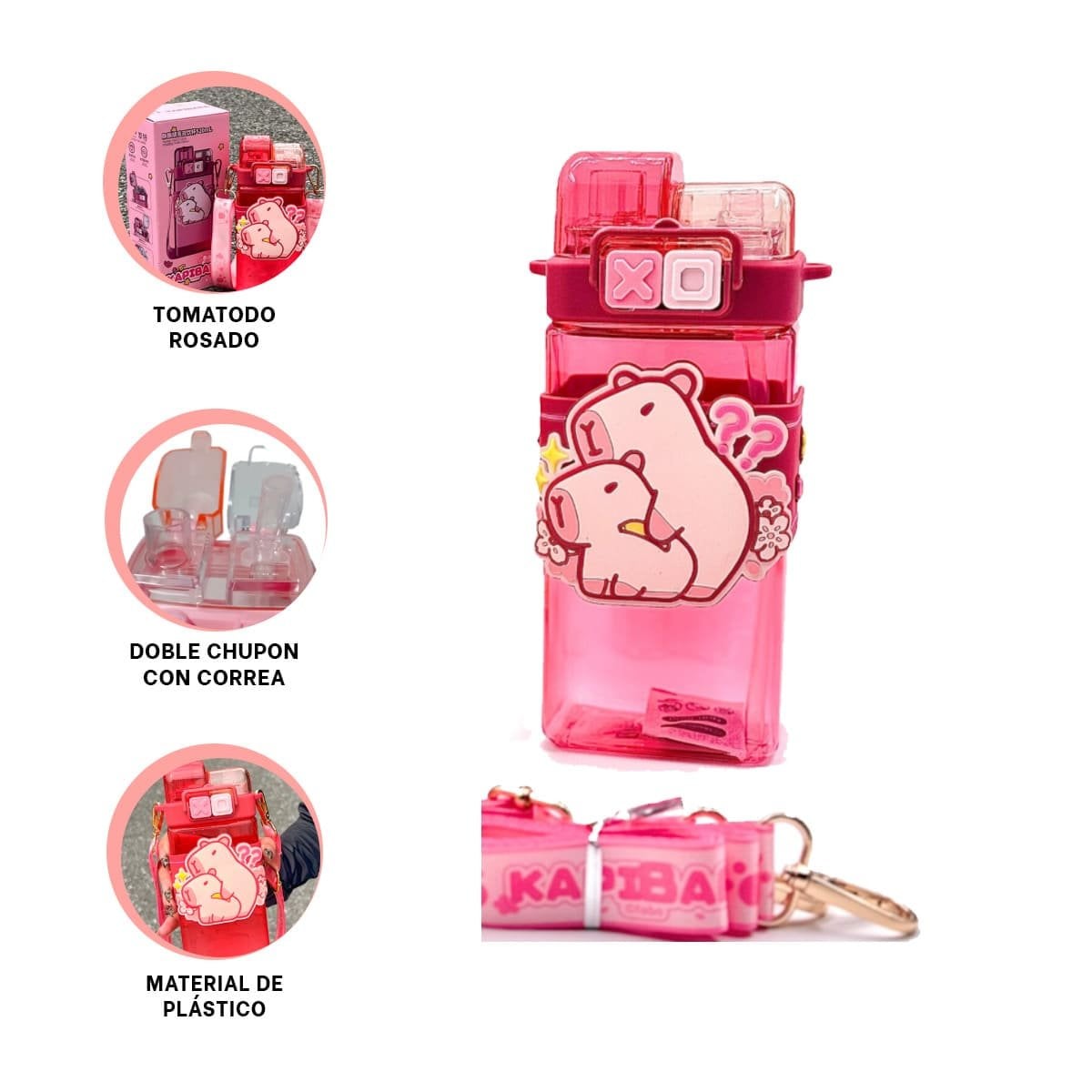 BOTELLA DOBLE CHUPON CON CORREA ROSADO MANTIENE BEBIDAS FRIAS - 3