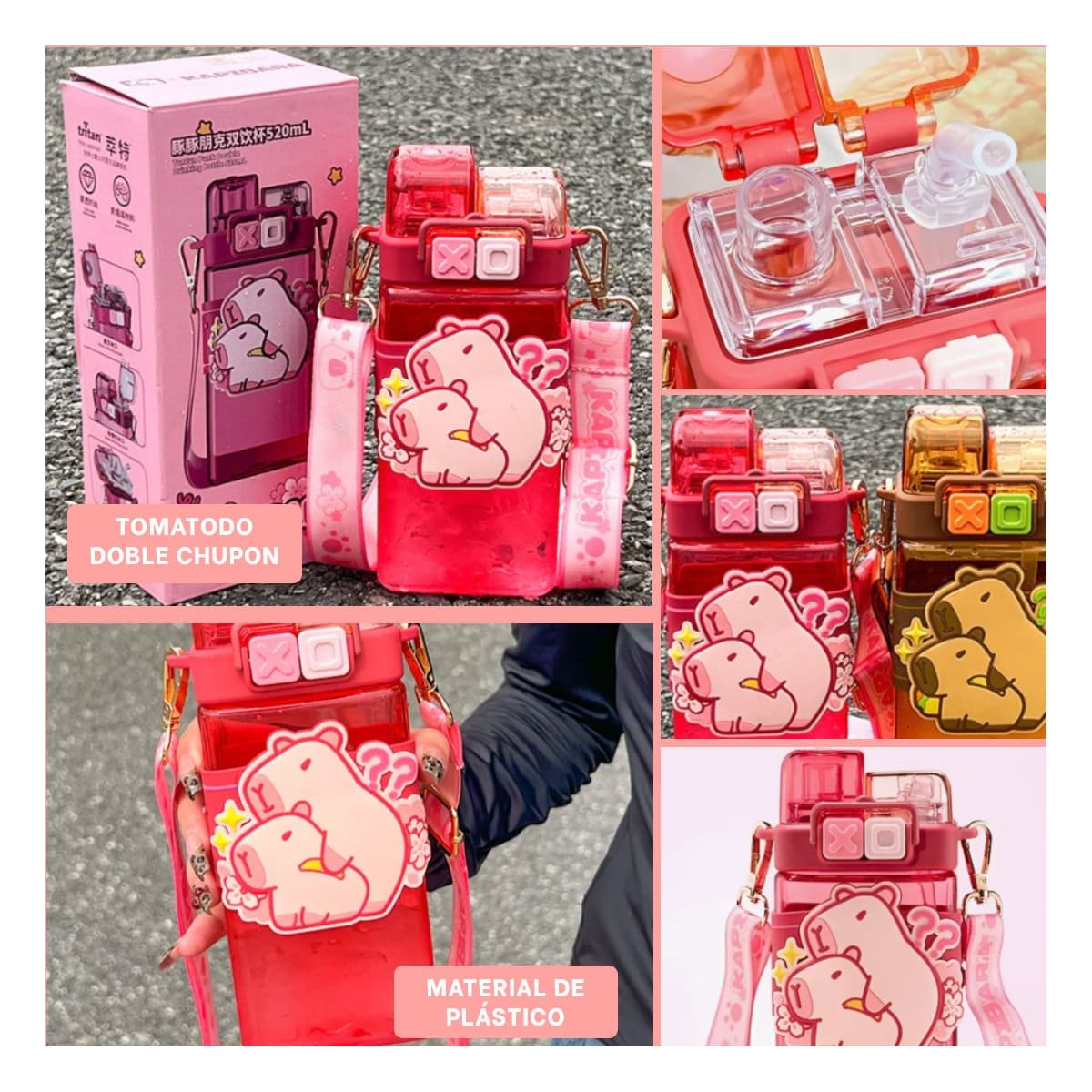 BOTELLA DOBLE CHUPON CON CORREA ROSADO MANTIENE BEBIDAS FRIAS - 5