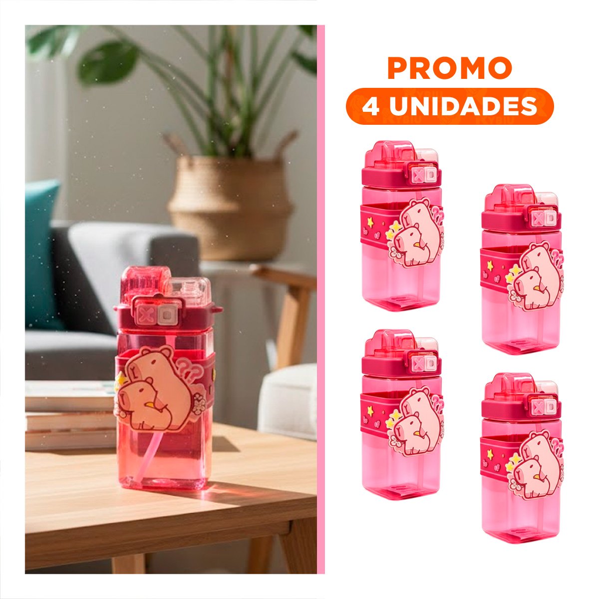 PACK4 COPA DOBLE CHUPON CON CORREA ROSADO CON TAPA HERMETICA FACIL ABRIR Y+REGALO STICKER - 1
