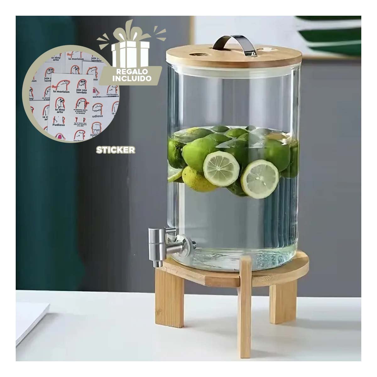 JARRA 8L TRANSPARENTE CON BASE DE MADERA ELEGANTE PARA EVENTOS Y CELEBRACIONES Y+REGALO STICKER - 1