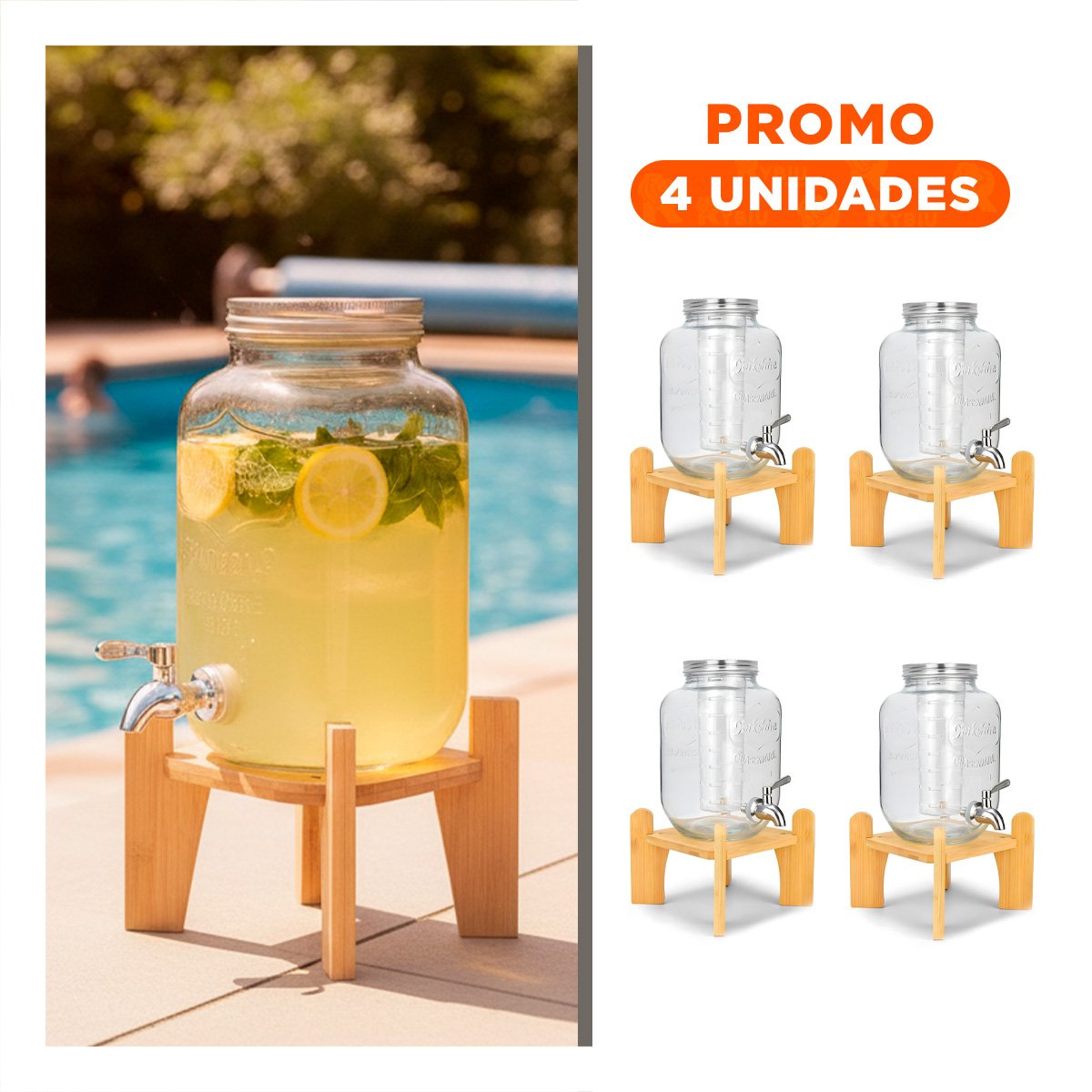 PACK4 ENVASE TRANSPARENTE 4L CON BASE DE MADERA Y TAPA METAL PARA HOGAR Y+REGALO STICKER - 1