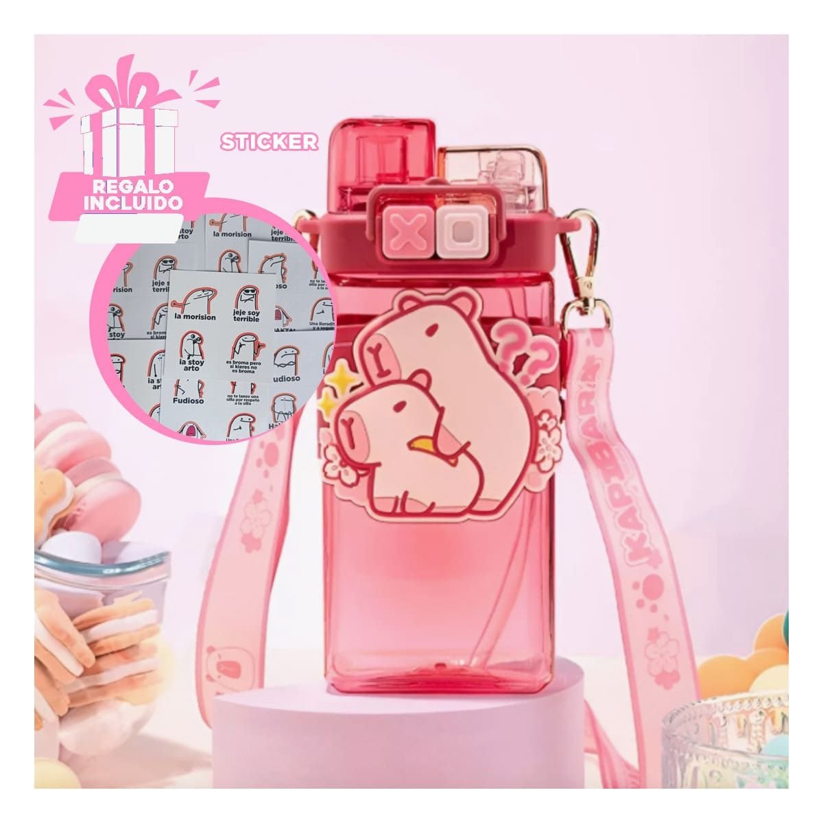BOTELLA DOBLE CHUPON CON CORREA ROSADO CON TAPA HERMETICA FACIL ABRIR Y+REGALO STICKER - 1