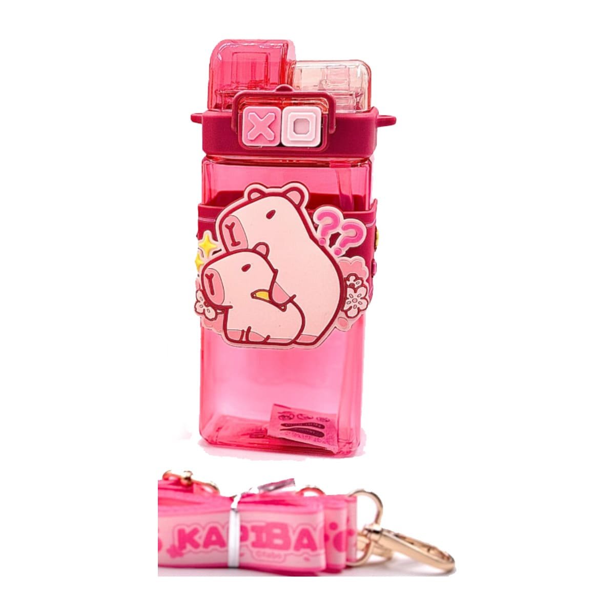 BOTELLA DOBLE CHUPON CON CORREA ROSADO CON TAPA HERMETICA FACIL ABRIR Y+REGALO STICKER - 3