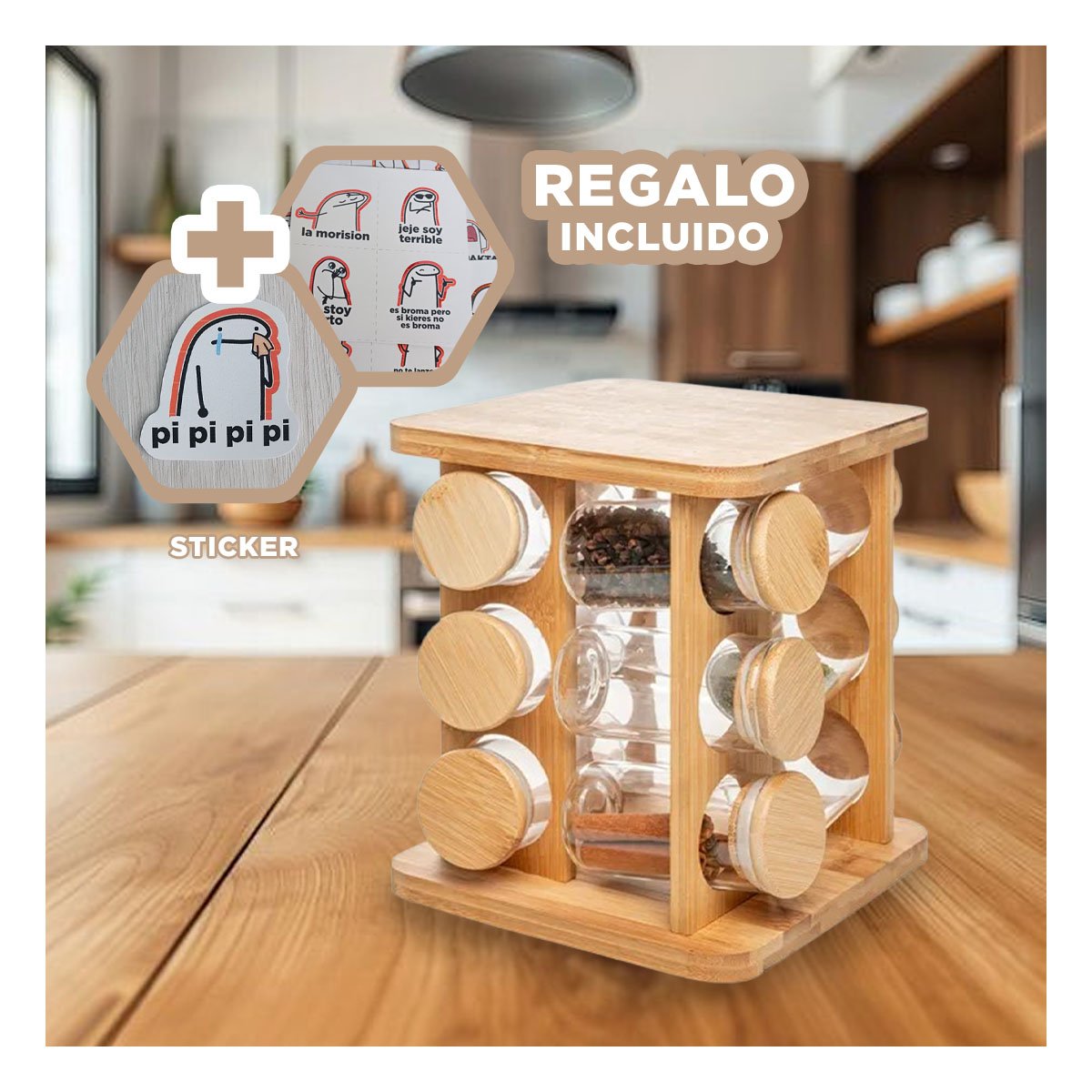 SISTEMA GIRATORIO CUADRADO DE MADERA CON 12 FRASCOS COCINA Y+REGALO STICKER - 1