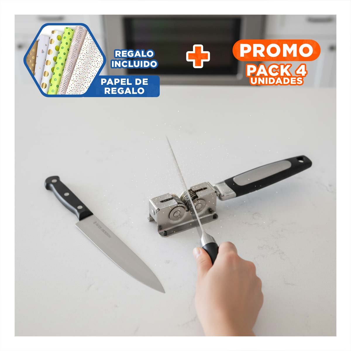 PACK4 KIT MULTIUSO DE CUCHILLO CON MANGO PLATEADO Y NEGRO USO DIARIO Y+PAPEL REGALO - 1