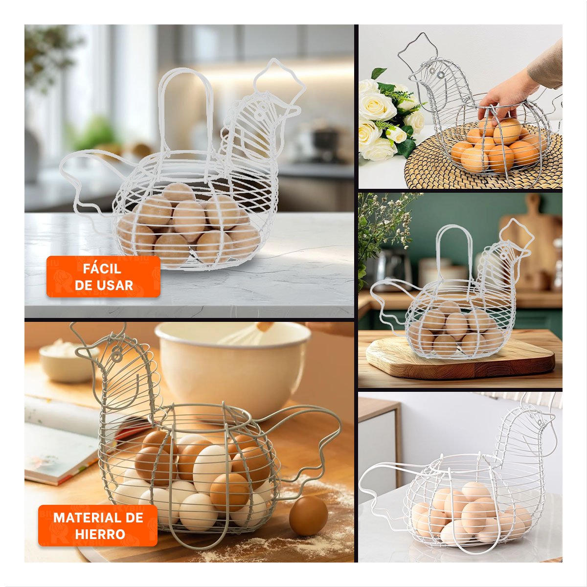 ORGANIZADOR PARA HUEVOS CON ASA BLANCO FIGURA GALLINA COCINA - 5