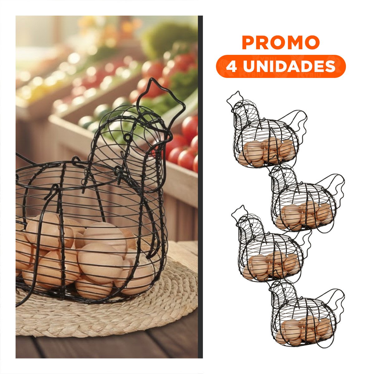 PACK4 SOPORTE PARA HUEVOS CON ASA NEGRO DECORATIVO CON GALLINA COCINA Y+REGALO STICKER - 1