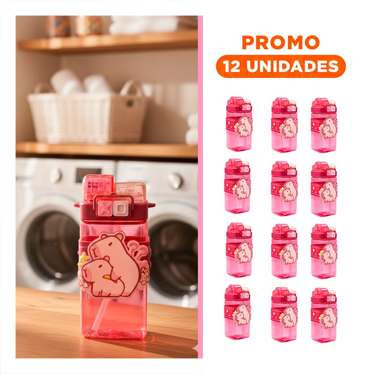 PACK12 JARRA DOBLE CHUPON CON CORREA ROSADO RESISTENTE Y FACIL DE LIMPIA Y+REGALO STICKER - 1