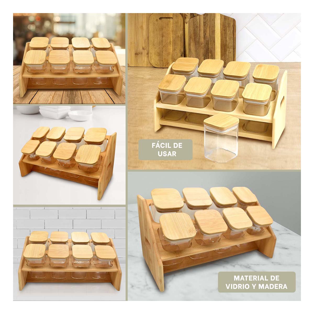 SOPORTE ESPECIERO RECTANGULAR DE MADERA CON 8 FRASCOS COCINA Y+POST IT - 1