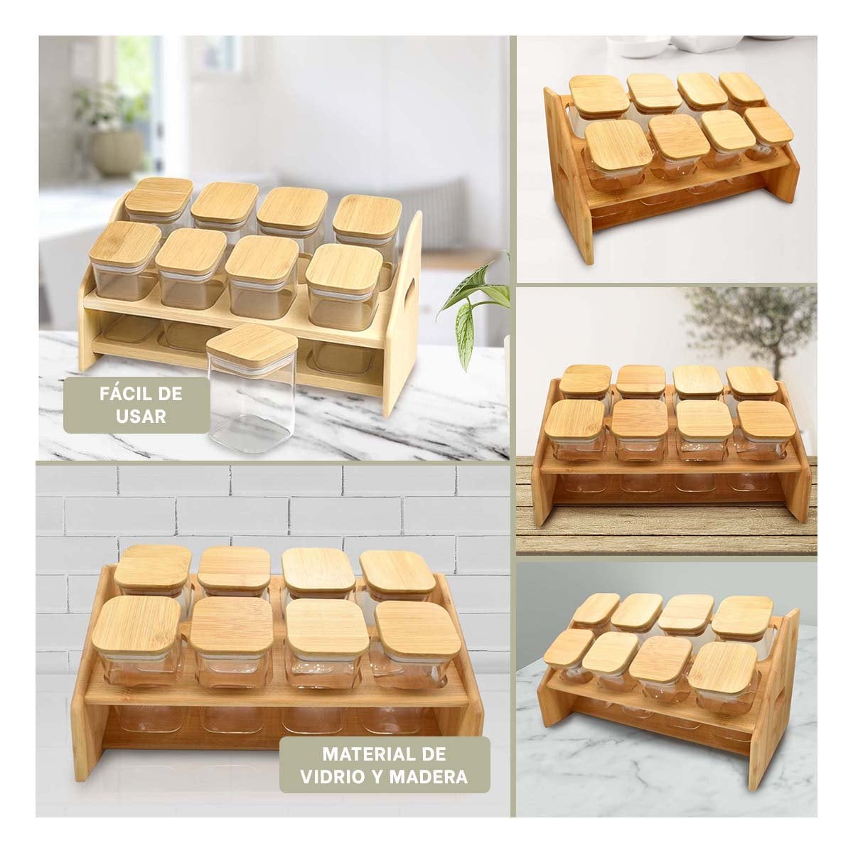 SOPORTE ESPECIERO RECTANGULAR DE MADERA CON 8 FRASCOS COCINA Y+POST IT - 5