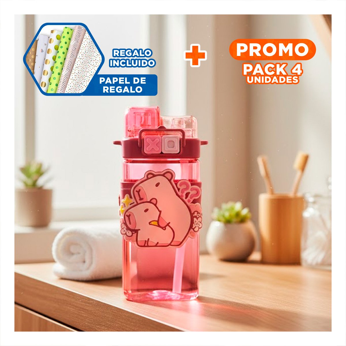 PACK4 COPA DOBLE CHUPON CON CORREA ROSADO LIGERA Y COMODA TRANSPORTAR Y+PAPEL REGALO - 1