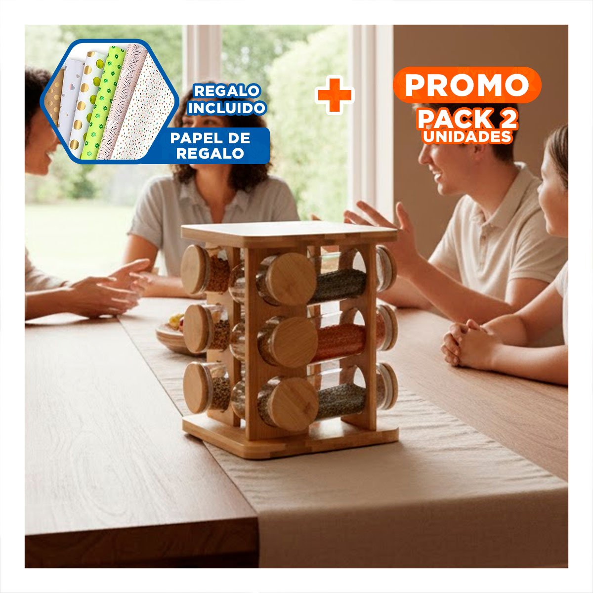 PACK2 ESTRUCTURA GIRATORIA CUADRADA DE MADERA CON 12 FRASCOS COCINA Y+PAPEL REGALO - 1