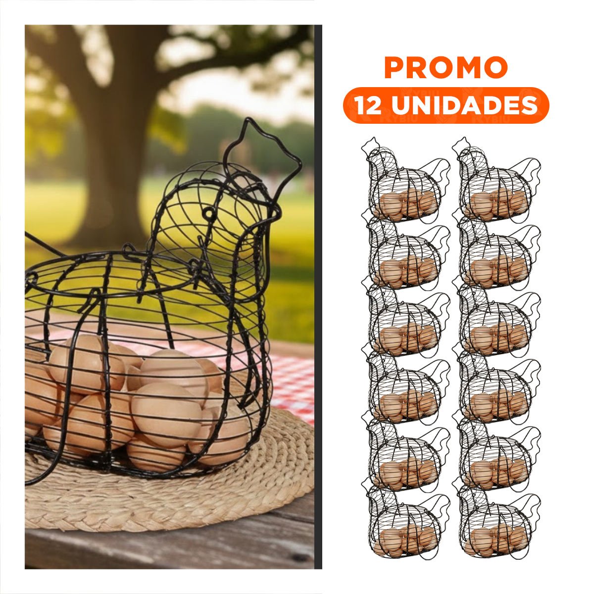 PACK12 RECIPIENTE PARA HUEVOS CON ASA NEGRO CON GALLINA PARA CASA HOGAR Y+REGALO STICKER - 1