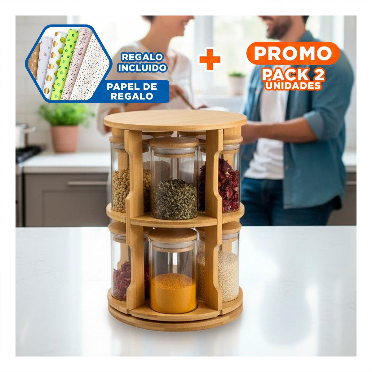PACK2 DISPENSADOR DE CONDIMENTOS CIRCULAR CON 10 FRASCOS Y BASE GIRATORIA Y+PAPEL REGALO - 1