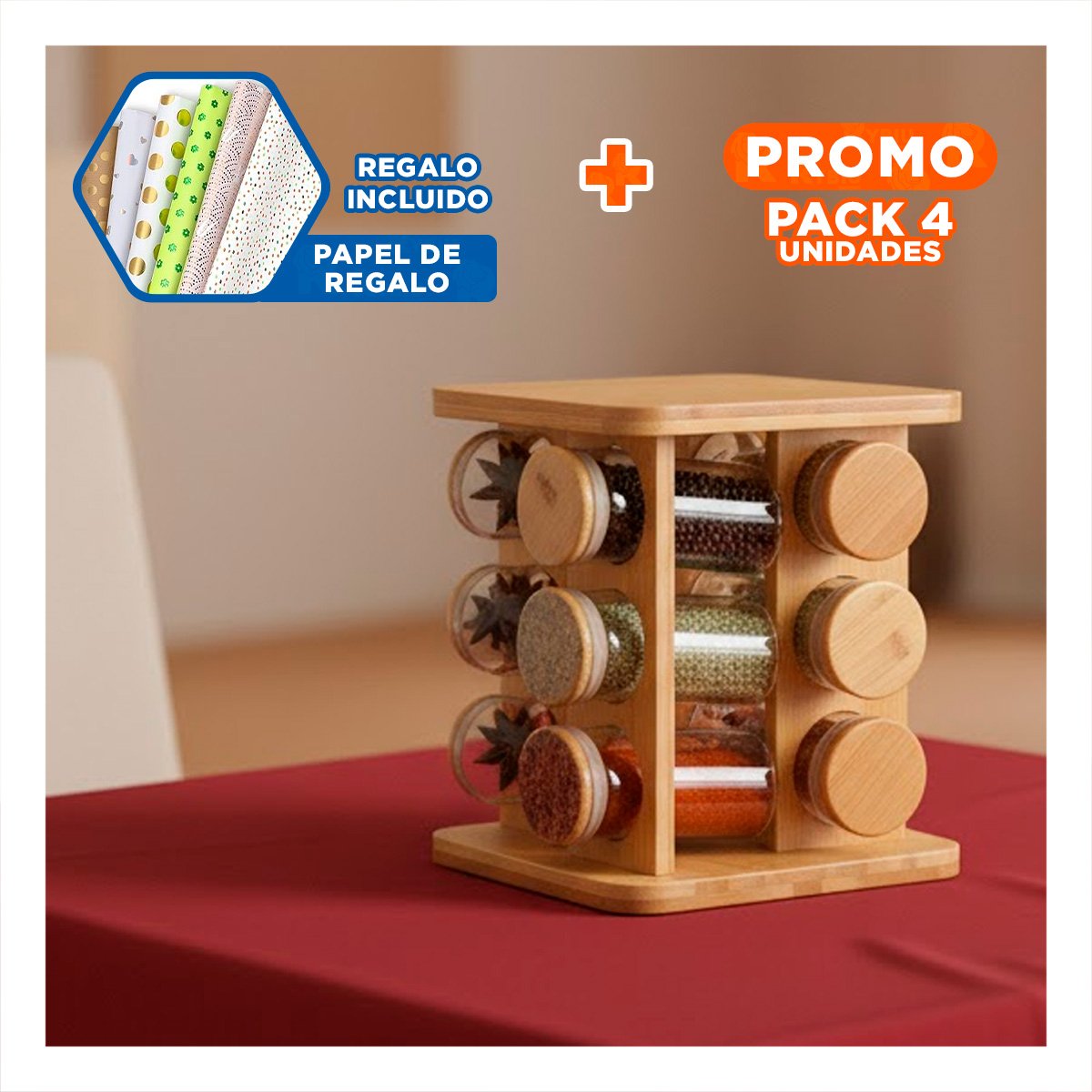PACK4 ORGANIZADOR CUADRADO GIRATORIO DE MADERA CON 12 FRASCOS COCINA Y+PAPEL REGALO - 1