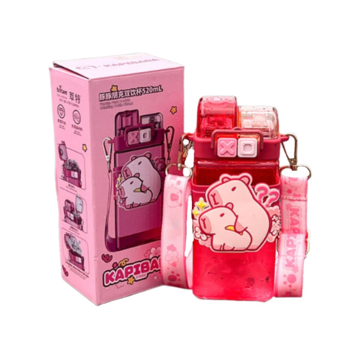 BOTELLA DOBLE CHUPON CON CORREA ROSADO RESISTENTE Y FACIL DE LIMPIAR Y+LIGAS REGALO - 3