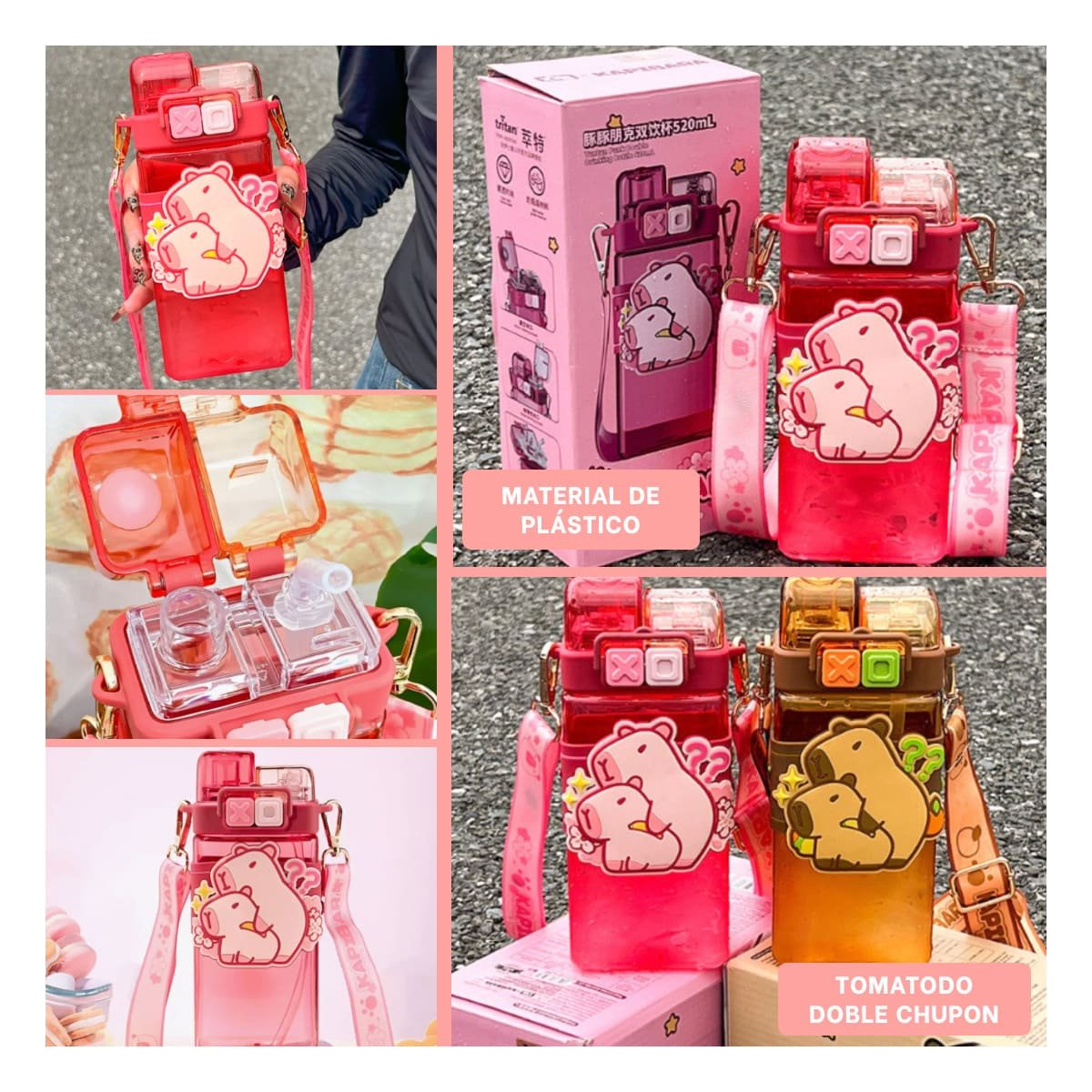 BOTELLA DOBLE CHUPON CON CORREA ROSADO RESISTENTE Y FACIL DE LIMPIAR Y+LIGAS REGALO - 5