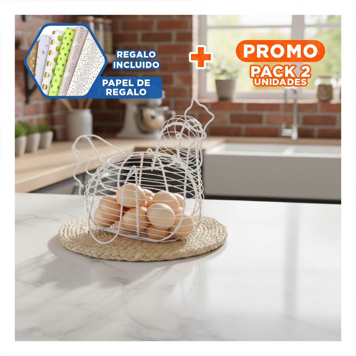 PACK2 ACCESORIO DECORATIVO PARA HUEVOS CON ASA BLANCO FIGURA GALLINA Y+PAPEL REGALO - 1