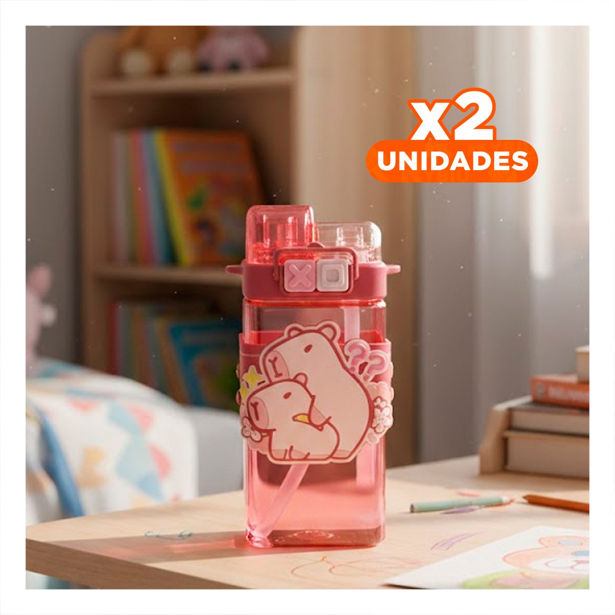 PACK2 RECIPIENTE DOBLE CHUPON CON CORREA ROSADO CONSERVA TEMPERATURA Y+REGALO STICKER - 1