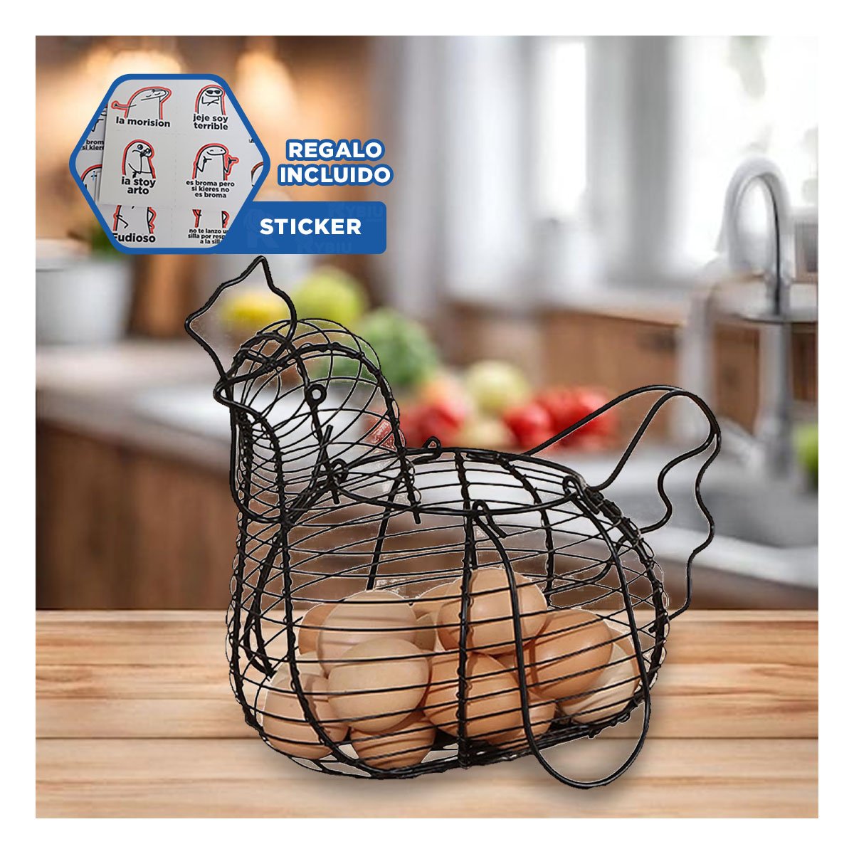 CAJON PARA HUEVOS CON ASA NEGRO CON MOTIVO GALLINA COCINA HOGAR Y+REGALO STICKER - 1