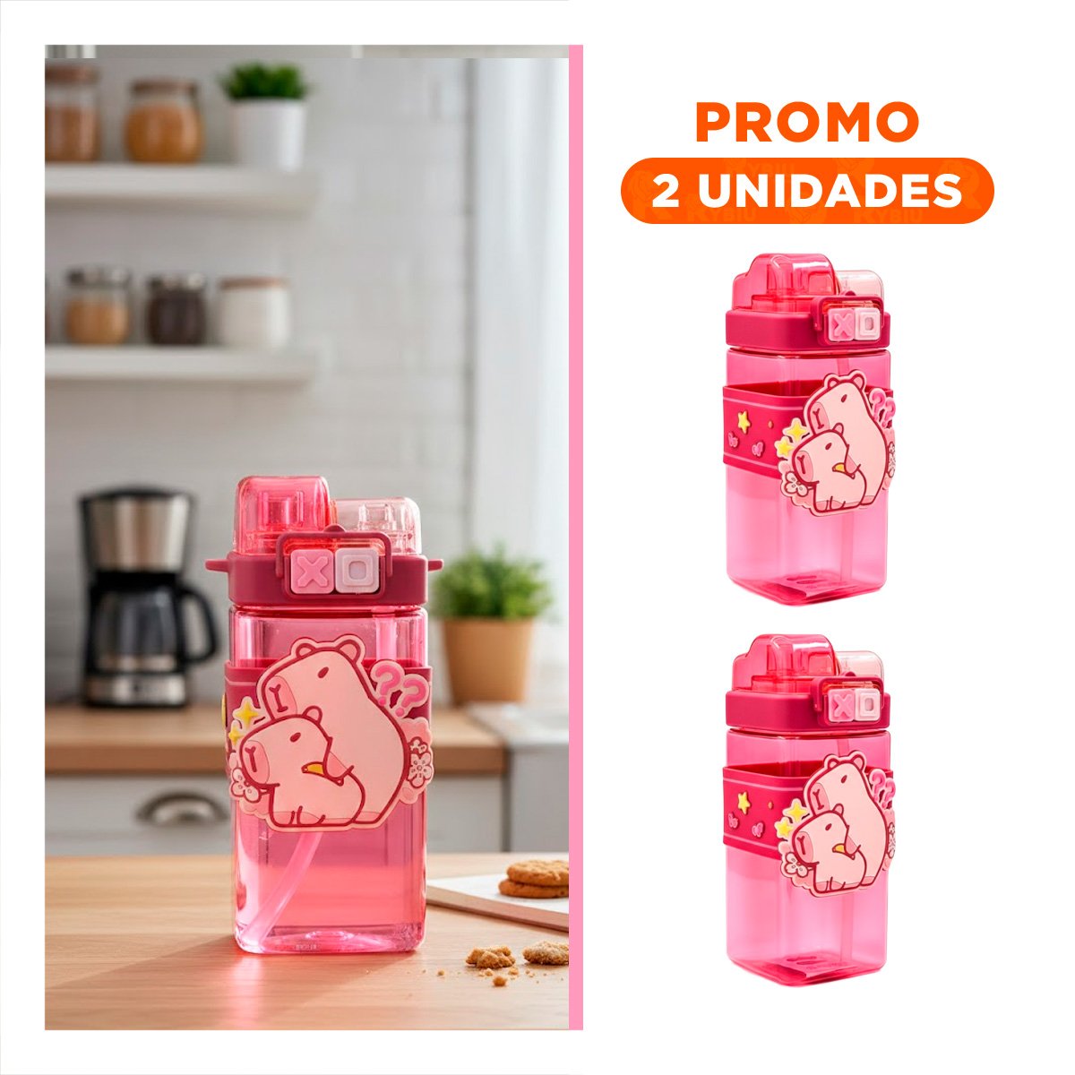 PACK2 RECIPIENTE DOBLE CHUPON CON CORREA ROSADO CON TAPA HERMETICA FACIL ABRIR - 1