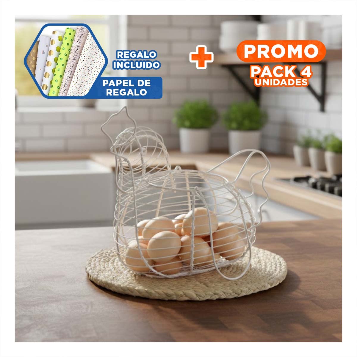 PACK4 PORTA HUEVOS DECORATIVO CON ASA BLANCO FIGURA GALLINA Y+PAPEL REGALO - 1