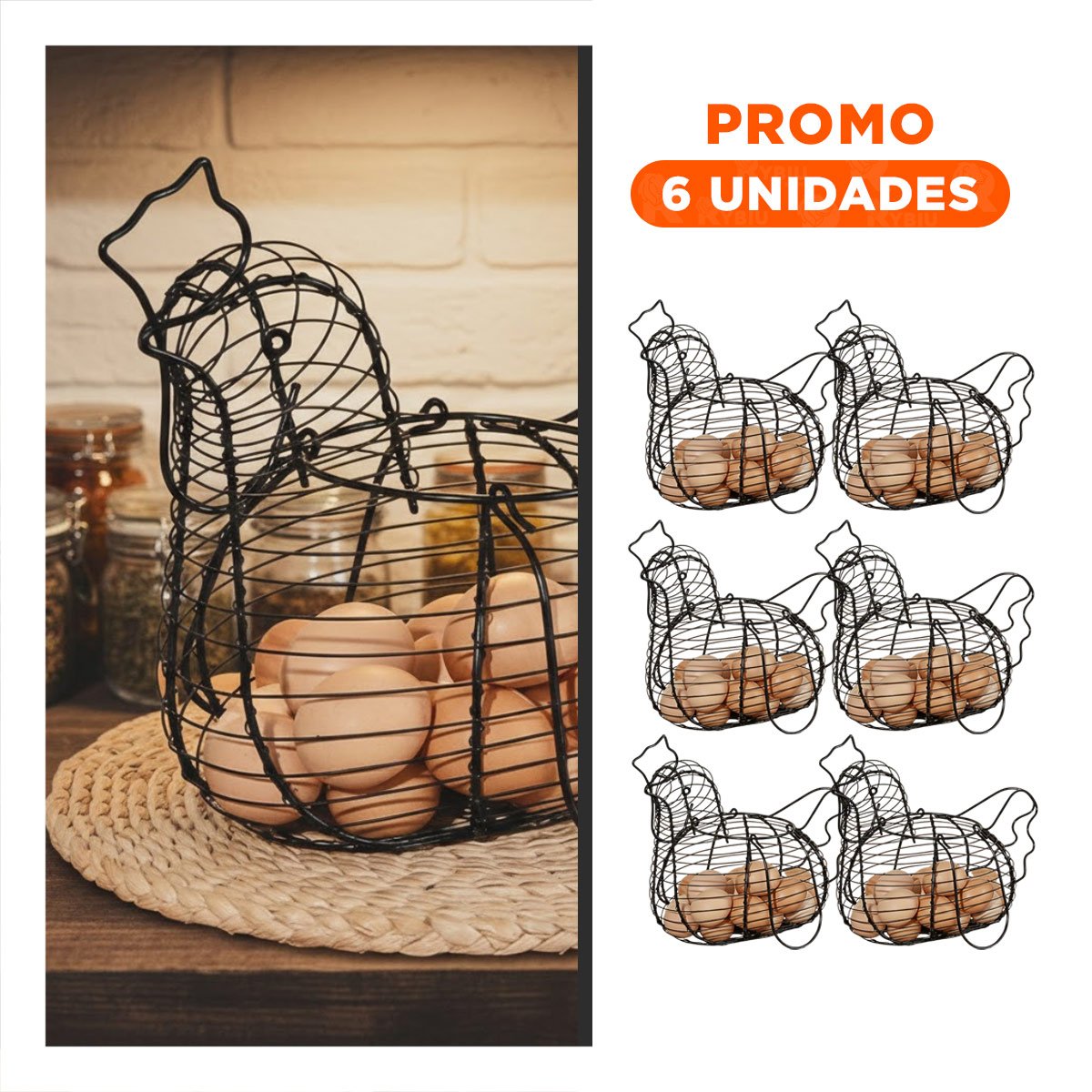 PACK6 ORGANIZADOR PARA HUEVOS CON ASA NEGRO CON MOTIVO DE GALLINA CASA - 1
