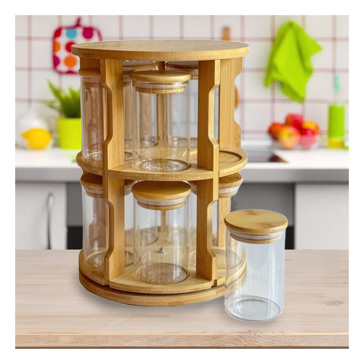 ORGANIZADOR DE ESPECIAS GIRATORIO CON 10 FRASCOS Y DISEÑO CIRCULAR DE MADERA Y+PAPEL REGALO - 5