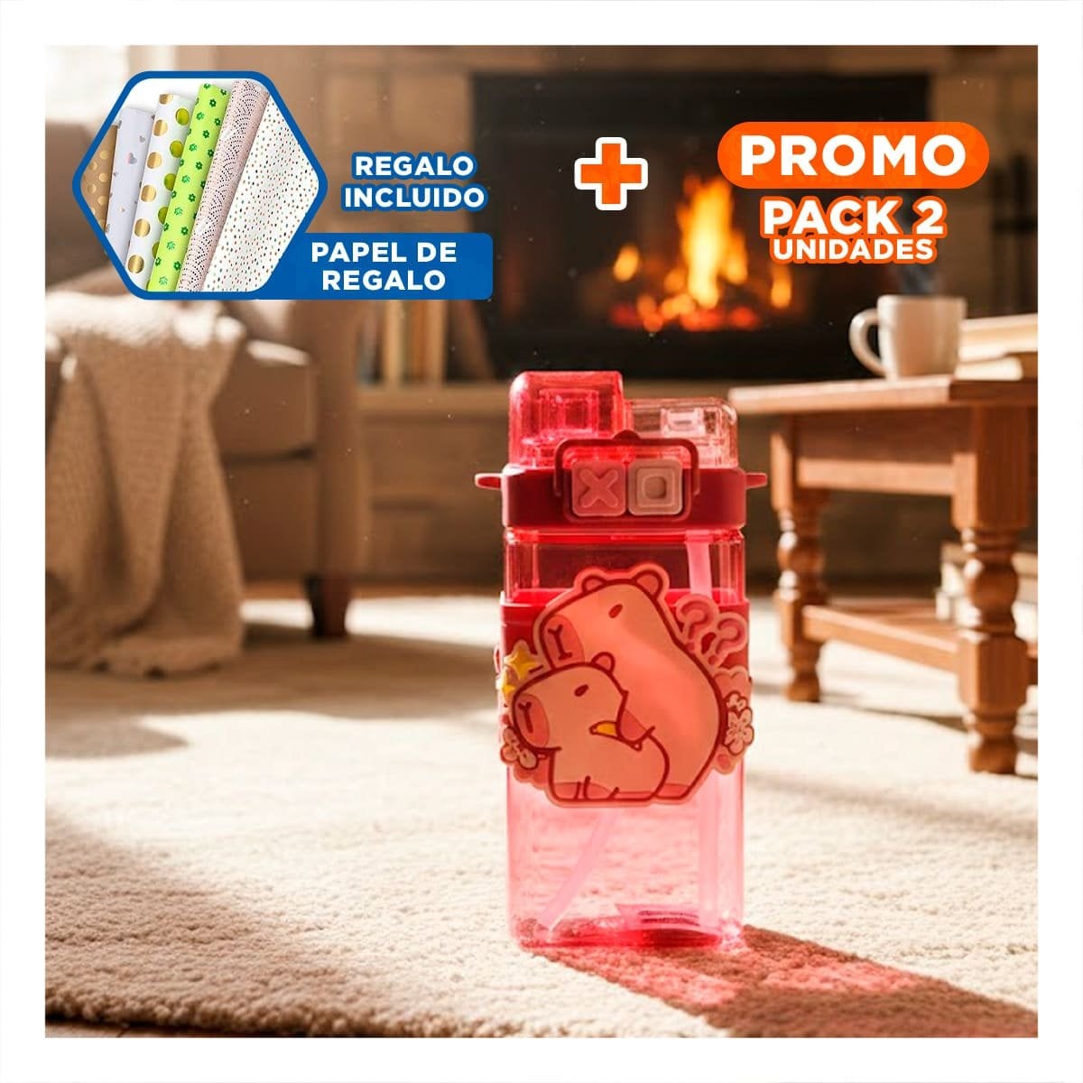 PACK2 RECIPIENTE DOBLE CHUPON CON CORREA ROSADO RESISTENTE Y FACIL DE LIMPIAR Y+PAPEL REGALO - 1