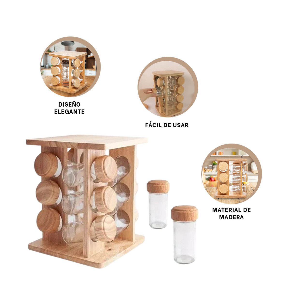 TORRE GIRATORIA CUADRADA DE MADERA CON 12 FRASCOS PARA COCINA - 3