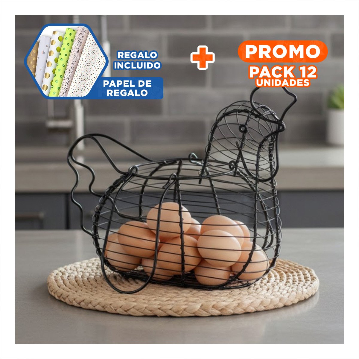 PACK12 PORTA HUEVOS CON ASA NEGRO DECORATIVO CON MOTIVO GALLINA COCINA Y+PAPEL REGALO - 1