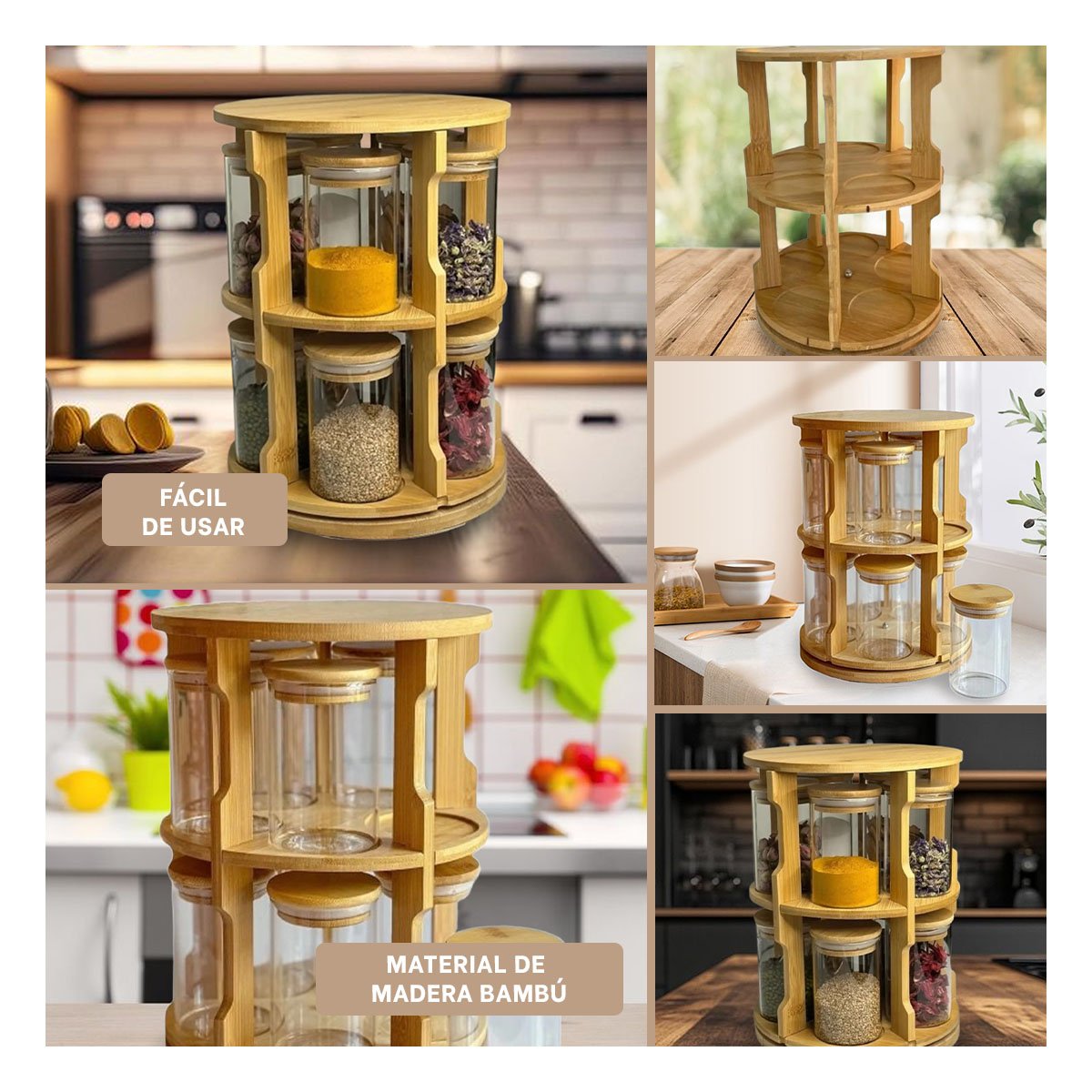 ESPECIERO GIRATORIO DE MADERA CON 10 FRASCOS DE VIDRIO PARA COCINA ORDENADA - 5