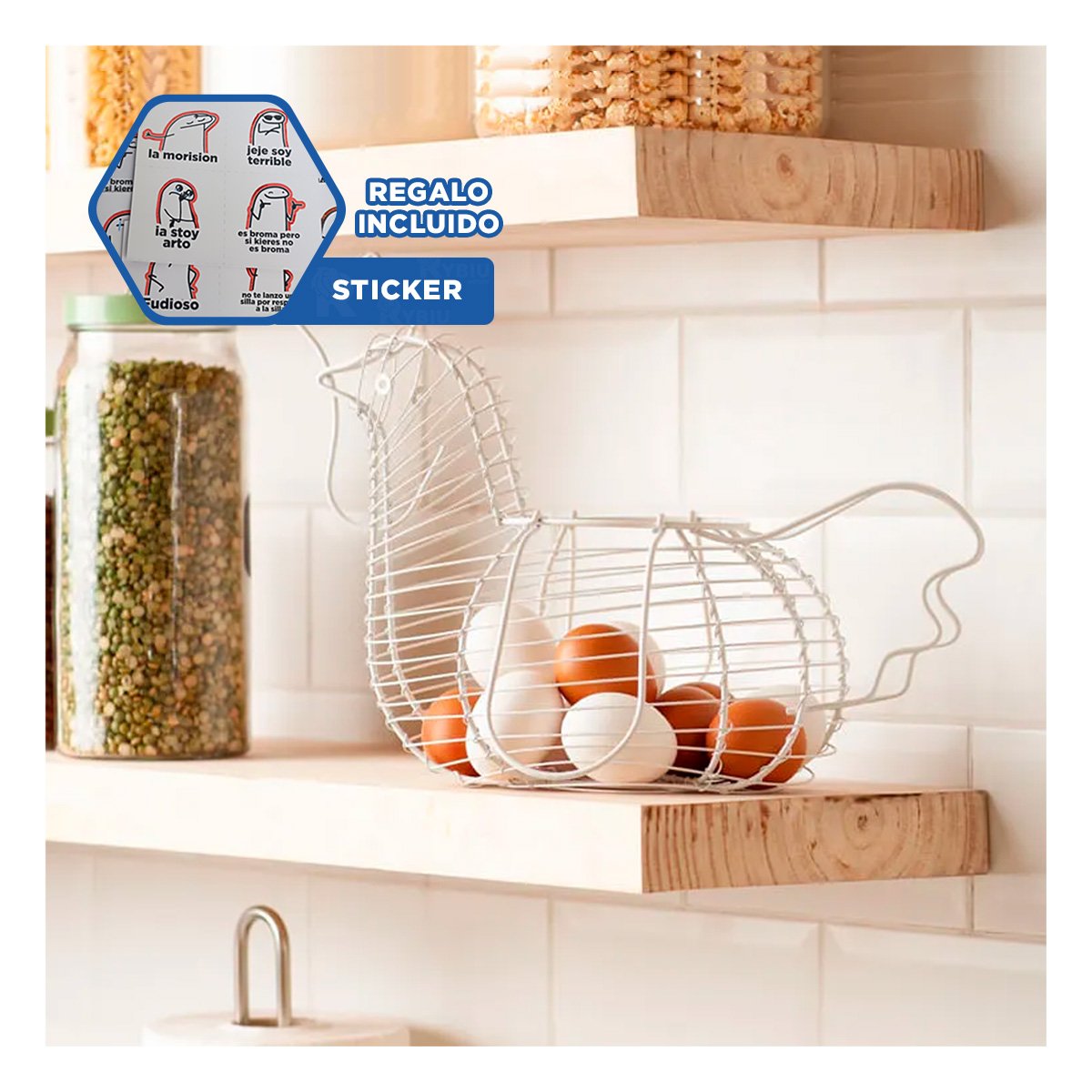 PORTA HUEVOS CON ASA BLANCO FIGURA GALLINA PARA HOGAR Y+REGALO STICKER - 1