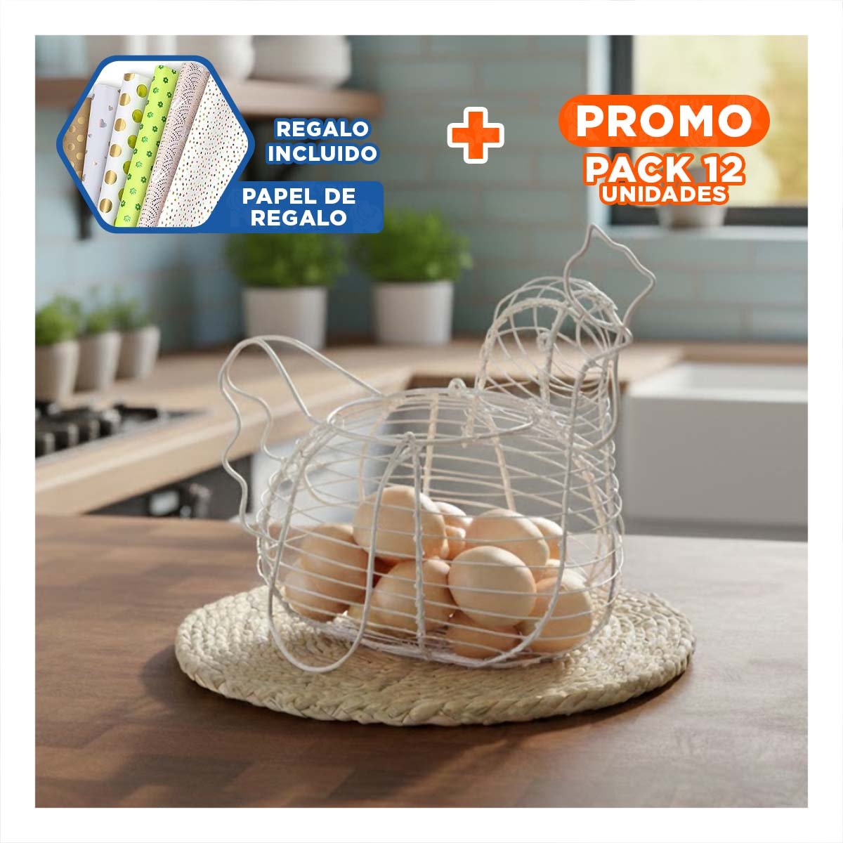 PACK12 PRODUCTO DECORATIVO PARA HUEVOS CON ASA BLANCO FIGURA GALLINA Y+PAPEL REGALO - 1