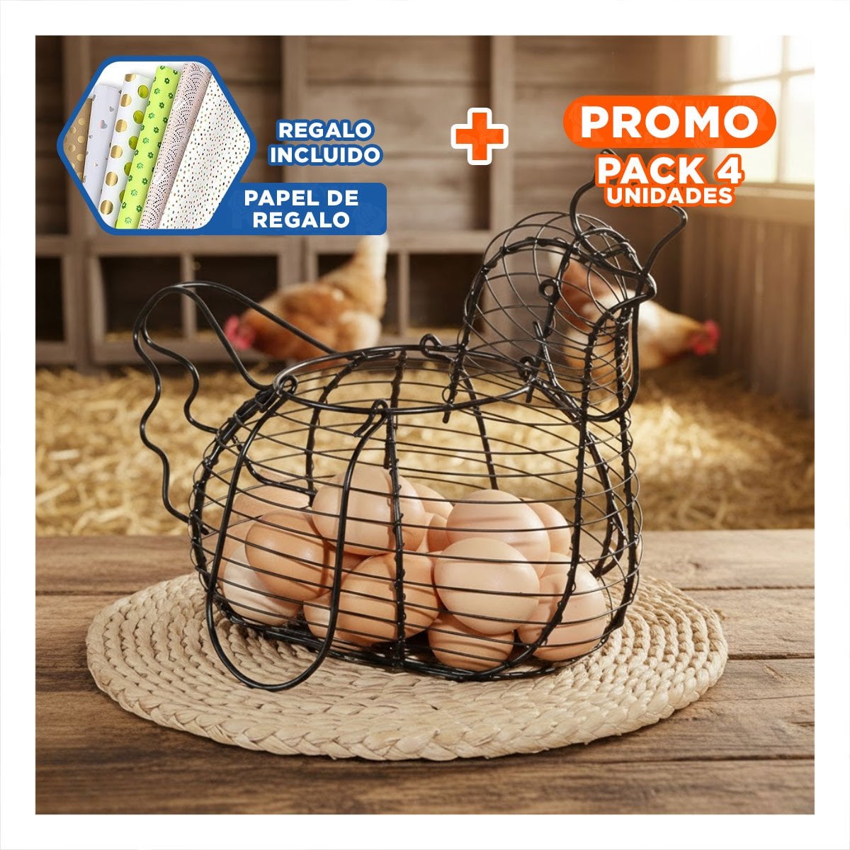 PACK4 BANDEJA PARA HUEVOS CON ASA NEGRO CON DISEÑO GALLINA PARA HOGAR Y+PAPEL REGALO - 1