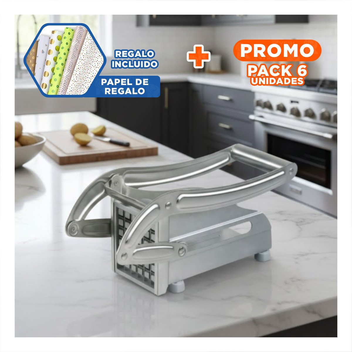 PACK6 REBANADOR PROFESIONAL DE PAPA Y VERDURAS PLATEADO COMODO Y DURADERO Y+PAPEL REGALO - 1