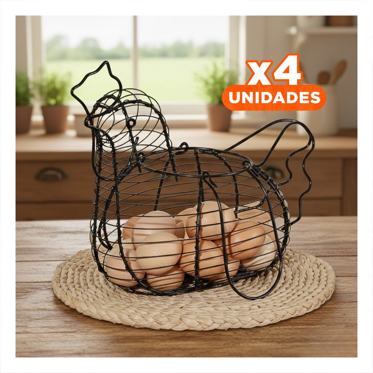 PACK4 CANASTA PARA HUEVOS CON ASA NEGRO CON GALLINA COCINA CASA - 1
