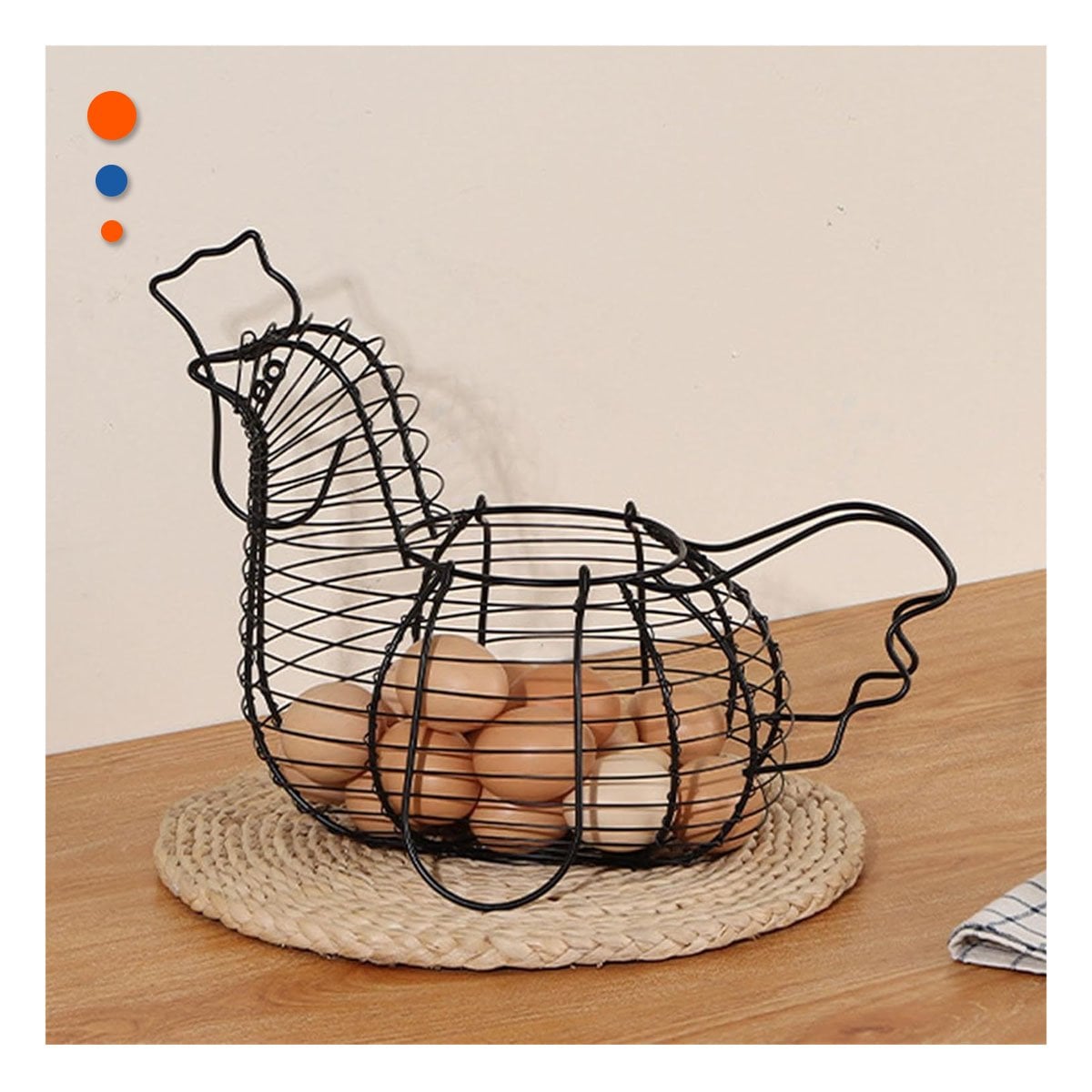 PACK4 CANASTA PARA HUEVOS CON ASA NEGRO CON GALLINA COCINA CASA - 2
