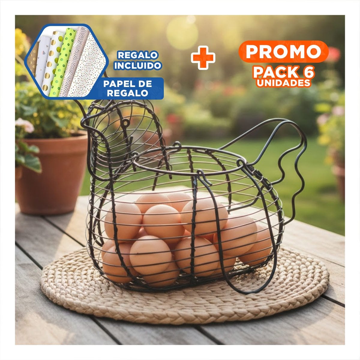 PACK6 CAJON PARA HUEVOS CON ASA NEGRO CON GALLINA DECORACION HOGAR Y+PAPEL REGALO - 1