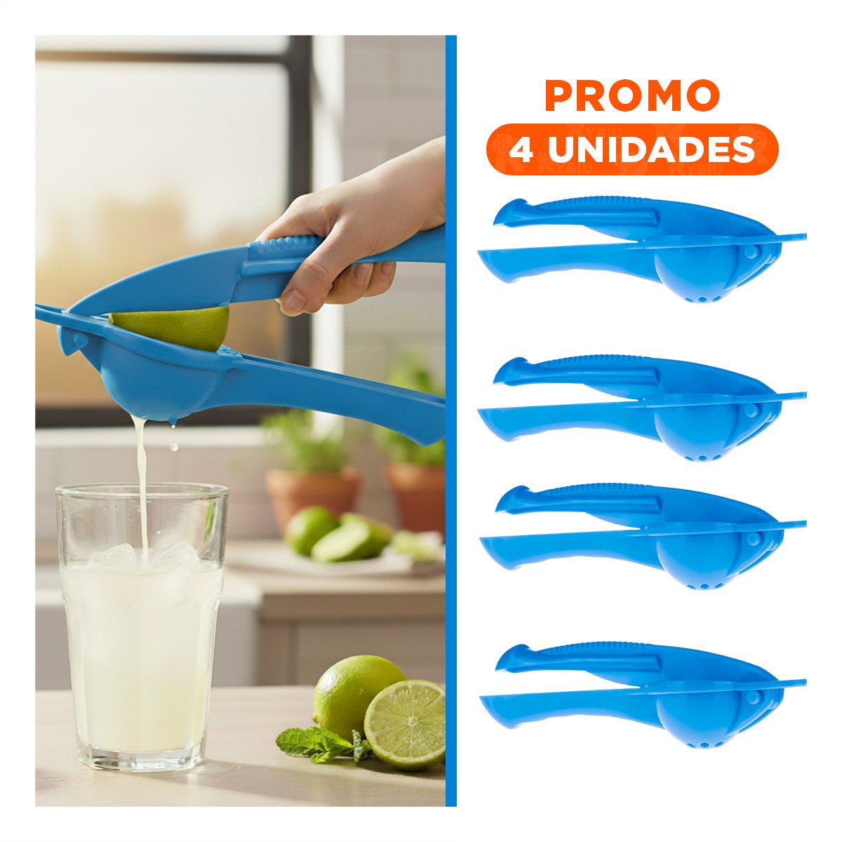 PACK4 PRENSA VERSATIL DE LIMON PLASTICO CELESTE PARA PREPARAR JUGOS CASEROS Y+REGALO STICKER - 1