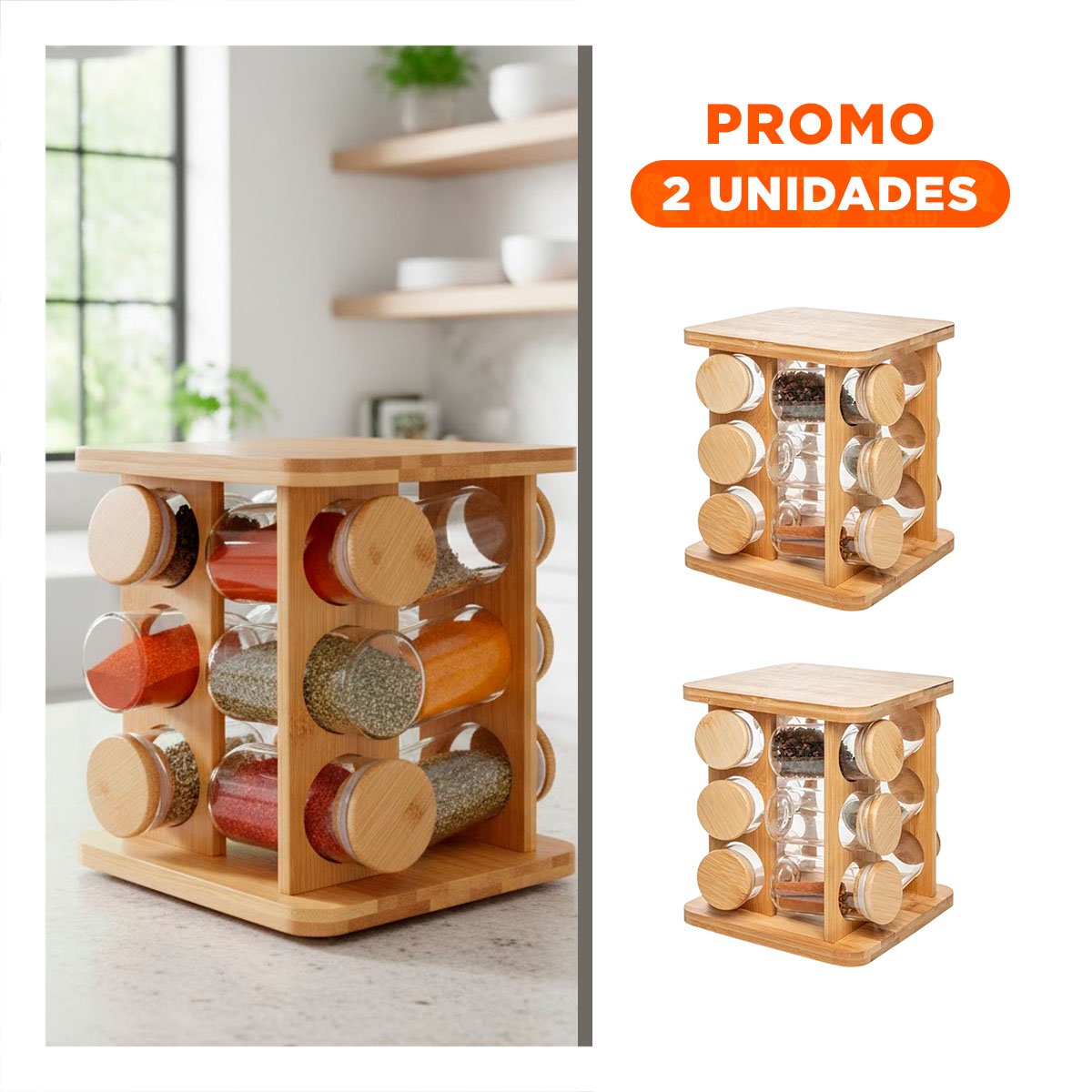 PACK2 KIT GIRATORIO CUADRADO DE MADERA CON 12 FRASCOS PARA COCINA - 1