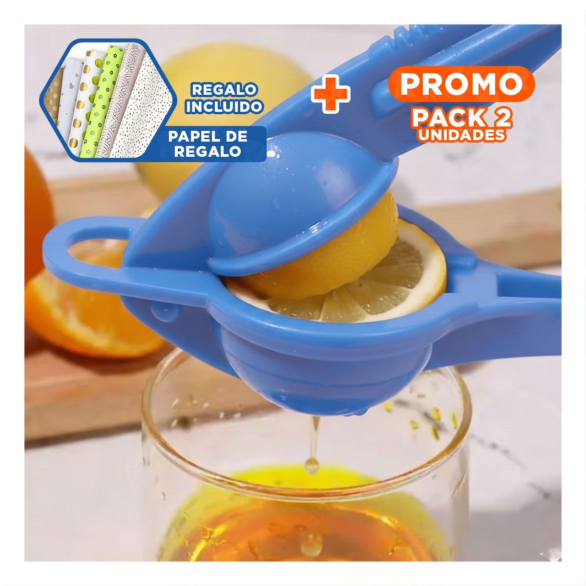 PACK2 JUGUERA LIGERA DE LIMON PLASTICO CELESTE PARA PREPARAR JUGOS Y BEBIDAS Y+PAPEL REGALO - 1