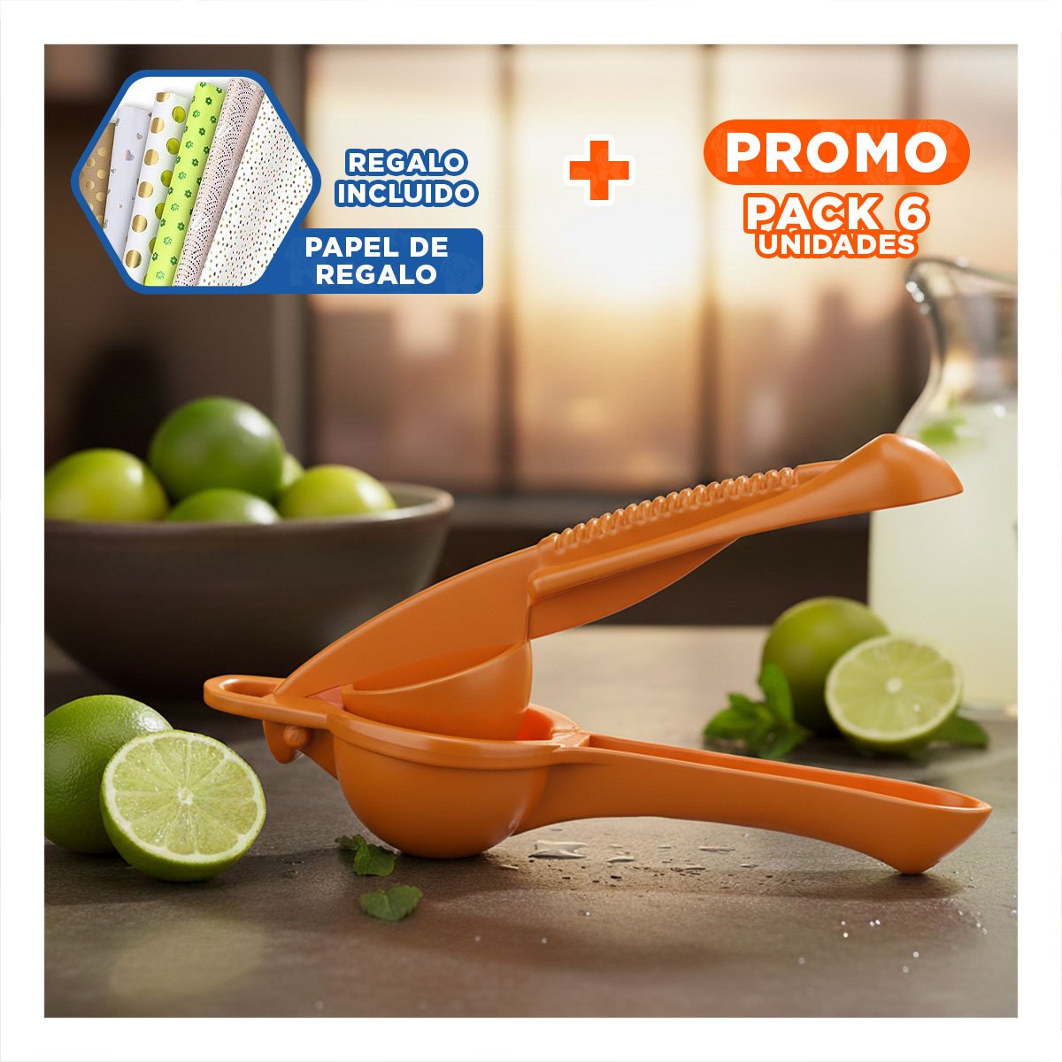 PACK6 APRETA LIGERO PLASTICO NARANJA PARA COCINA HOGAR Y JUGOS CASEROS Y+PAPEL REGALO - 1
