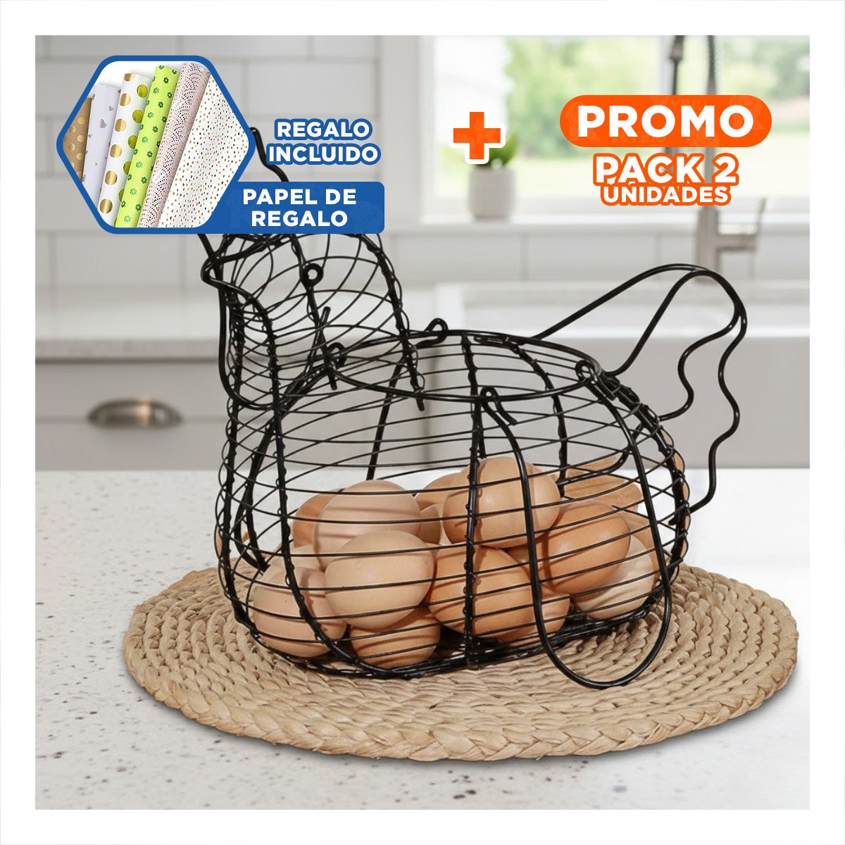 PACK2 RECIPIENTE PARA HUEVOS CON ASA NEGRO CON DISEÑO DE GALLINA COCINA Y+PAPEL REGALO - 1