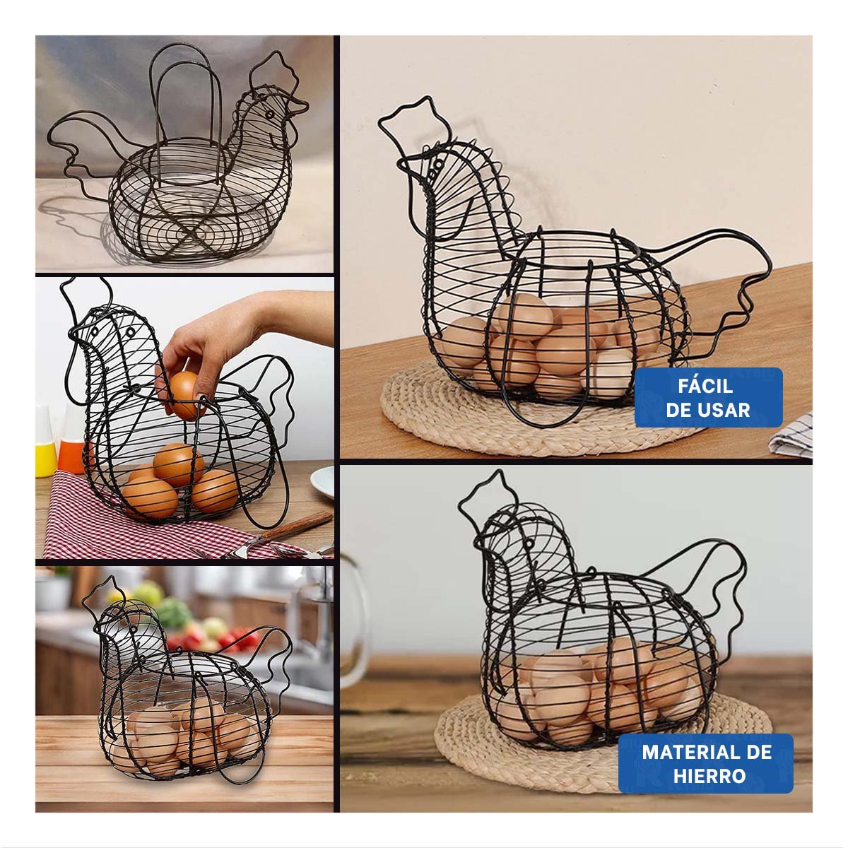 PACK2 RECIPIENTE PARA HUEVOS CON ASA NEGRO CON DISEÑO DE GALLINA COCINA Y+PAPEL REGALO - 3