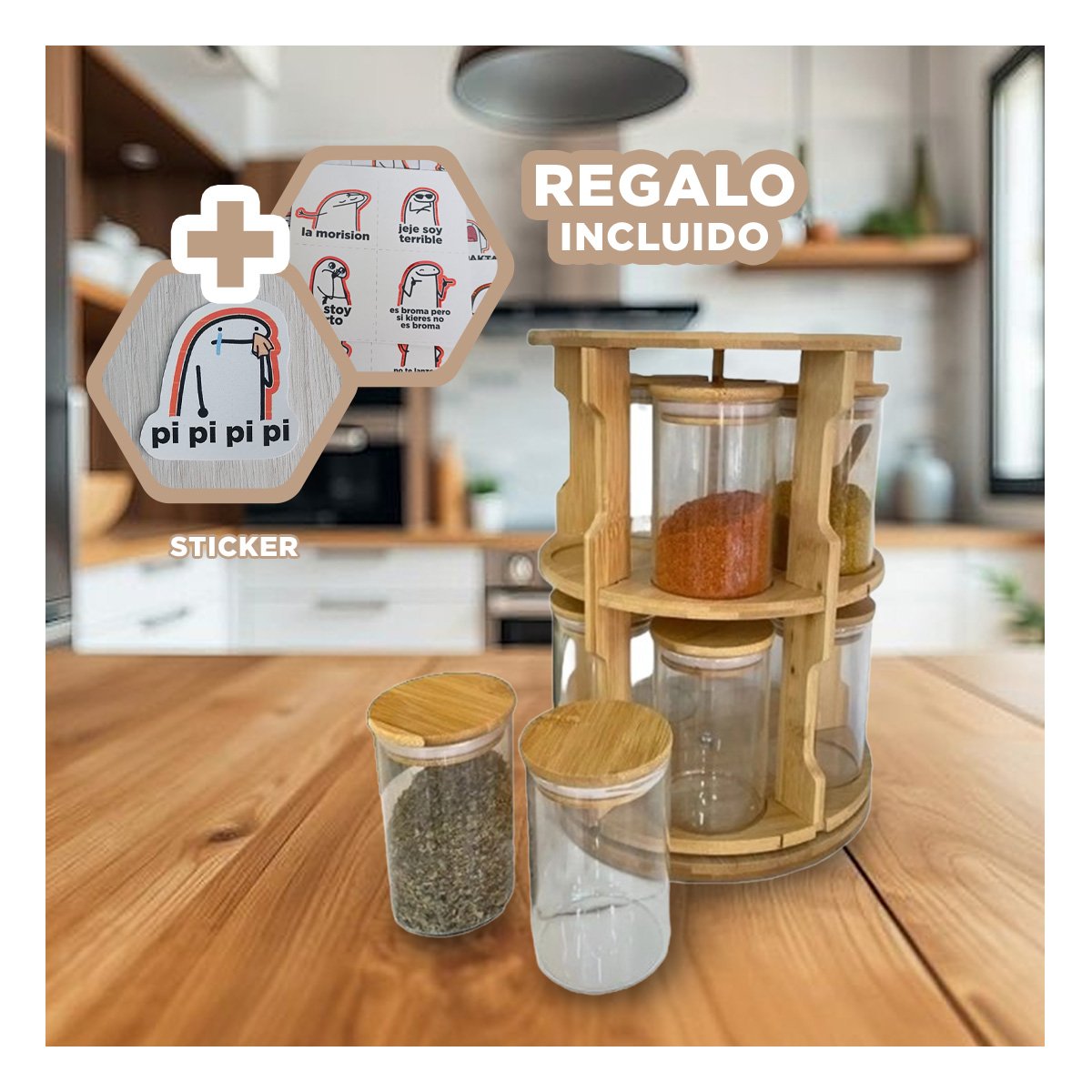 CONDIMENTERO DE MADERA GIRATORIO CON 10 FRASCOS DE VIDRIO PARA USO DIARIO Y+REGALO STICKER - 1