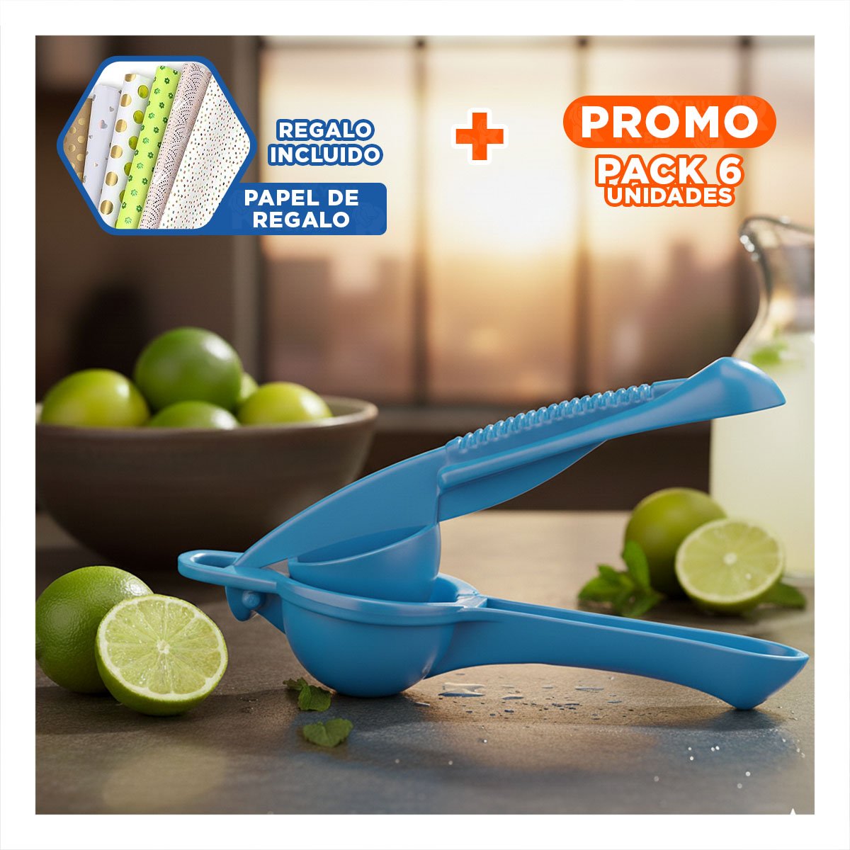 PACK6 PRENSA ECONOMICA DE LIMON PLASTICO CELESTE PARA JUGOS RAPIDOS Y REFRESCOS Y+PAPEL REGALO - 1