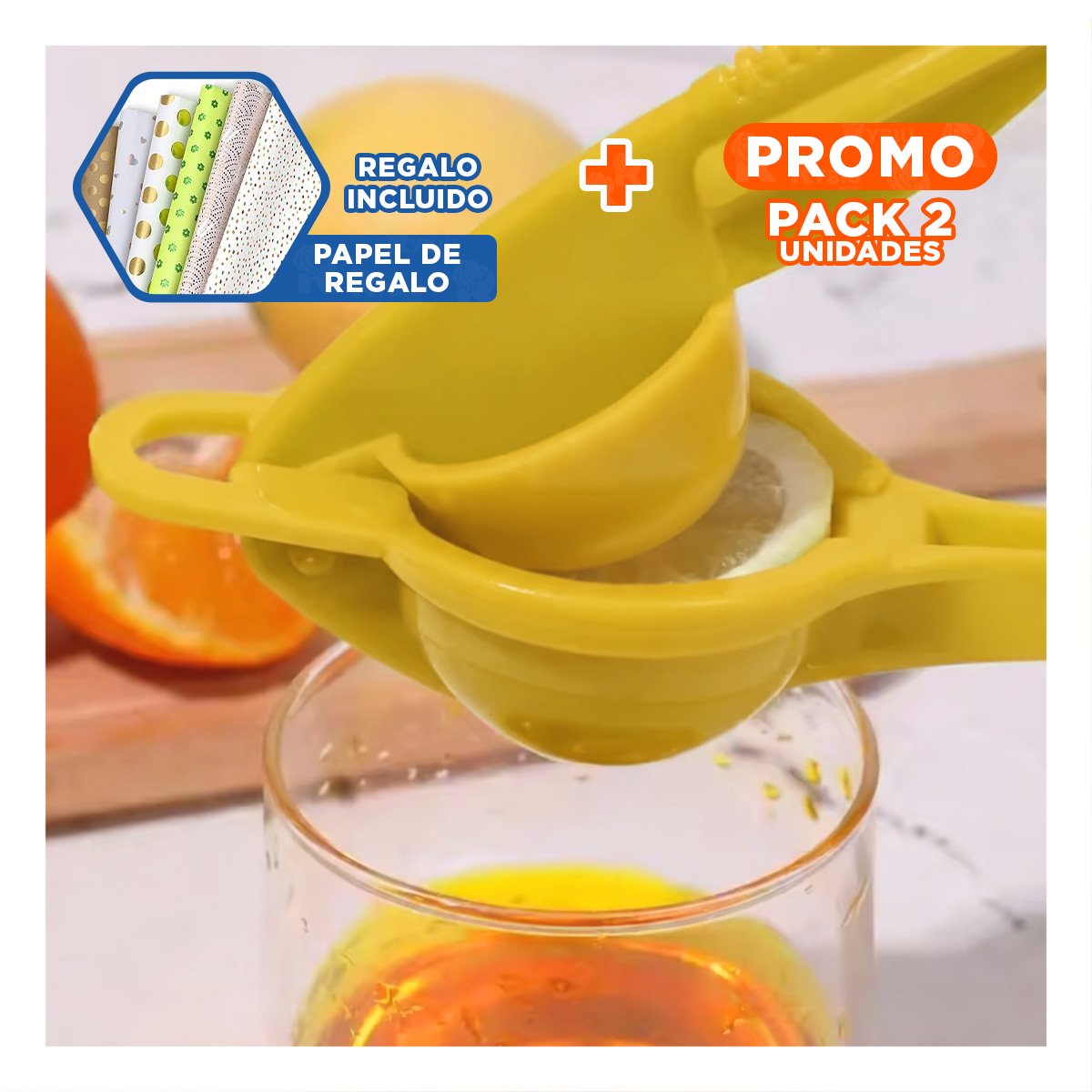 PACK2 EXTRACTOR DE COCINA PLASTICO AMARILLO PRACTICO PARA PREPARAR JUGOS Y+PAPEL REGALO - 1