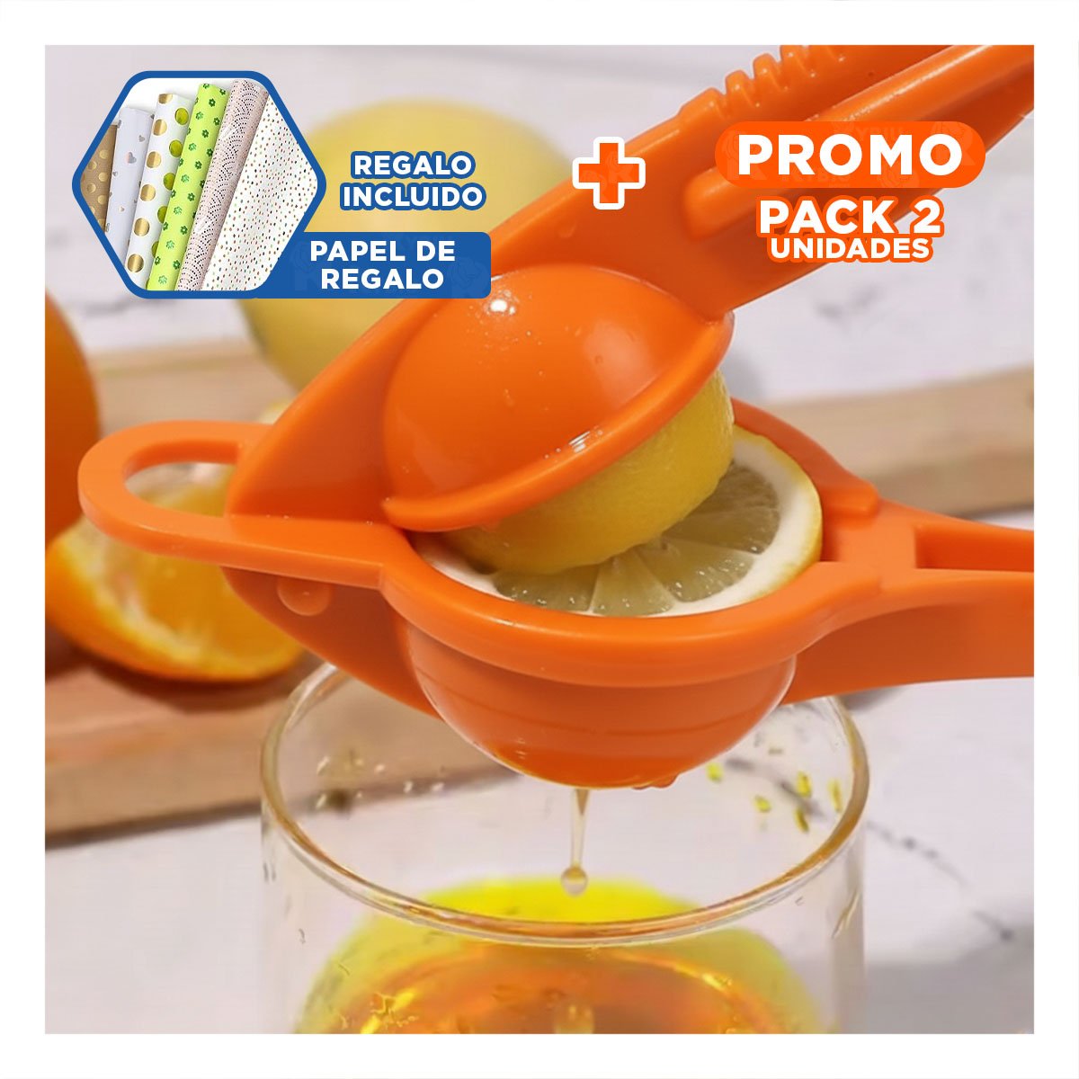 PACK2 MOLINO COMPACTO PLASTICO NARANJA PARA COCINA HOGAR Y BEBIDAS FRESCAS Y+PAPEL REGALO - 1