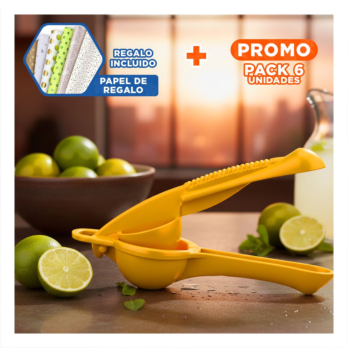 PACK6 MOLINO DE HOGAR PLASTICO AMARILLO PARA BEBIDAS FRESCAS EN CASA Y+PAPEL REGALO - 1
